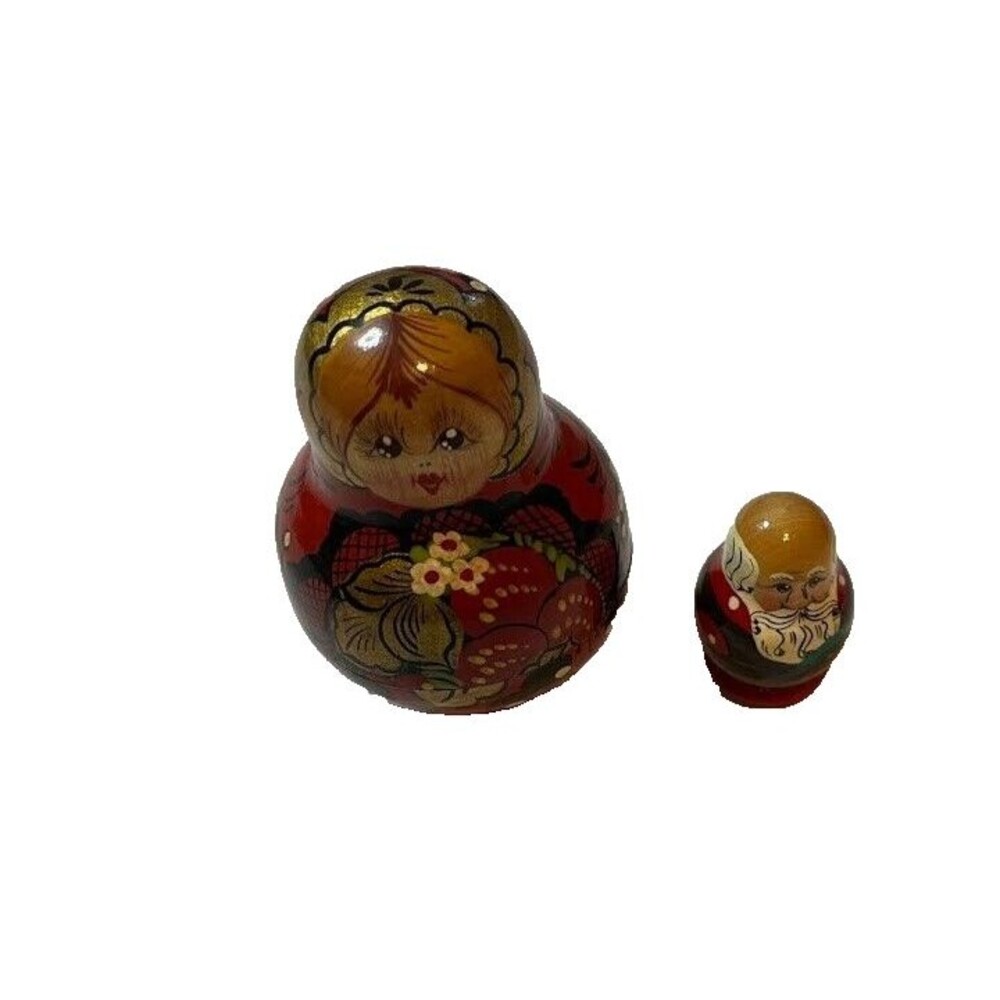 Set of 2 Vntg Russian Matryoshka Nesting Dolls, 3" Woman (5) 1.5" Old Man (4)